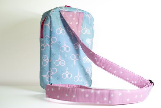 Studio Sample! Embroidered Crossbody Sling Bag: Aneela Hoey Fabric, Pink Starry Accents