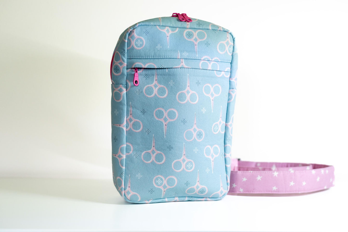 Studio Sample!  Embroidered Crossbody Sling Bag: Aneela Hoey Fabric, Pink Starry Accents