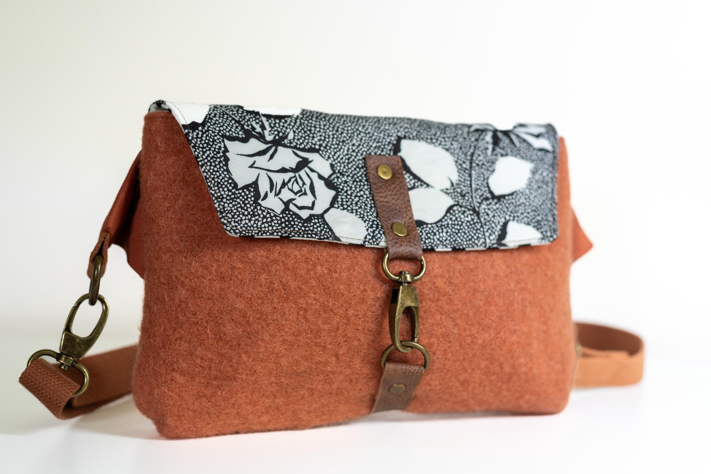 Studio Sample!  Vintage Wool Crossbody Bag: Handmade, Repurposed Blanket, Floral Accents