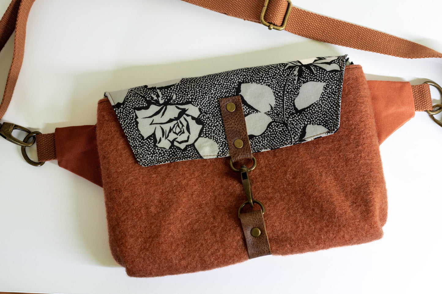 Studio Sample!  Vintage Wool Crossbody Bag: Handmade, Repurposed Blanket, Floral Accents