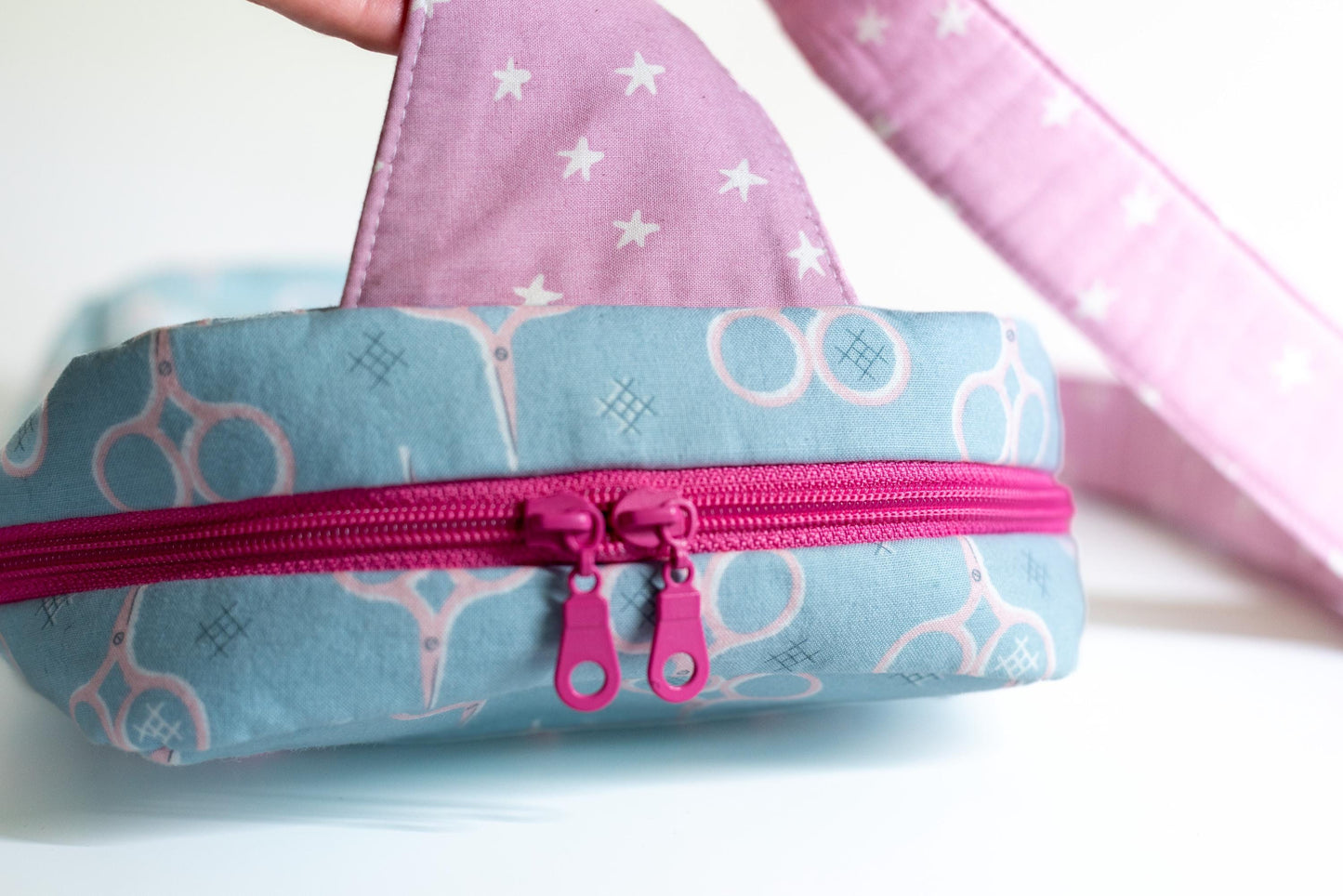 Studio Sample!  Embroidered Crossbody Sling Bag: Aneela Hoey Fabric, Pink Starry Accents