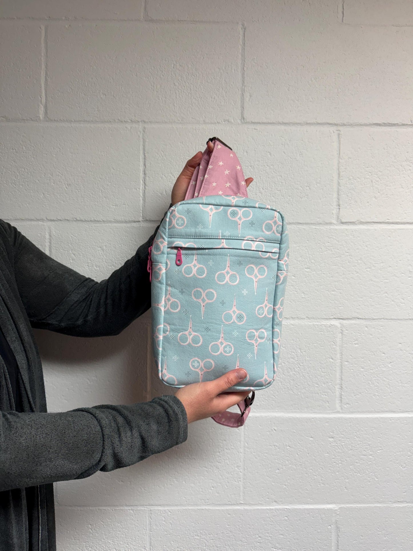Studio Sample!  Embroidered Crossbody Sling Bag: Aneela Hoey Fabric, Pink Starry Accents